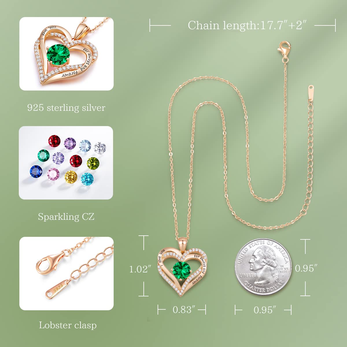 Forever Love Heart Necklaces for Women, Silver Jewelry with Birthstone Pendant