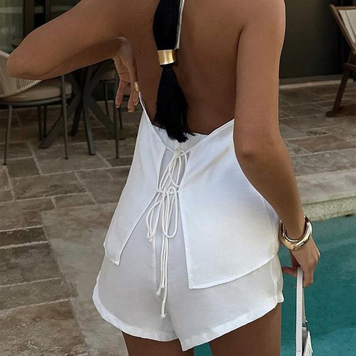 Casual suit with neck hanging and sexy lace up top high waisted pants 