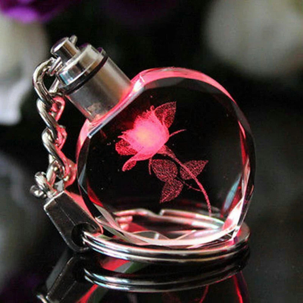 1Pcs Fashion Colorful Fairy Rose Flower Pattern Love Shape Crystal Rhinestone LED Light Keychain Lover Key Chain Keyring Jewelry
