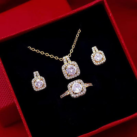 Gem Pendant Necklace with stud Earrings and Ring