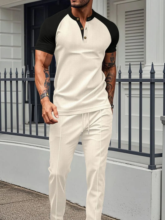 Waffle-Knit Contrast Top and Drawstring Pants Set Plus Size