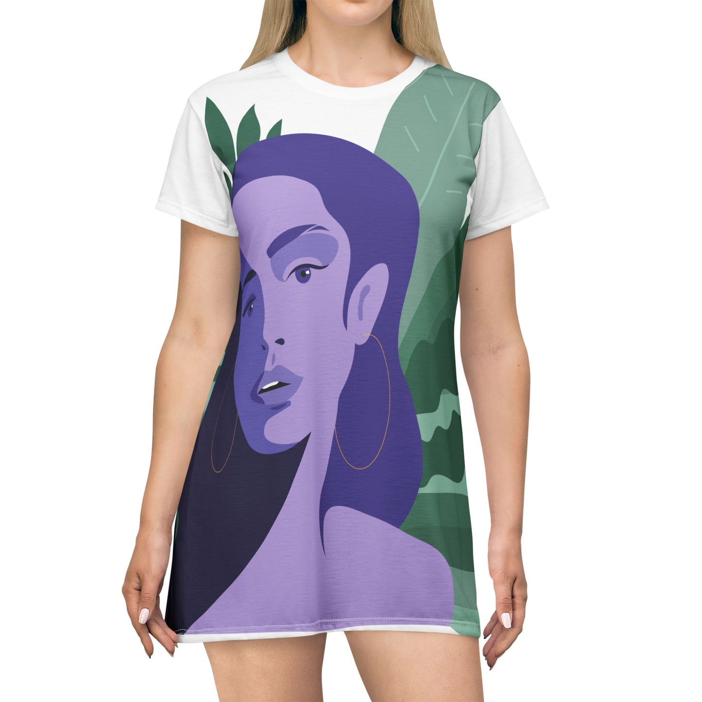 Trendy T-Shirt Dress with Tropical Portrait Design