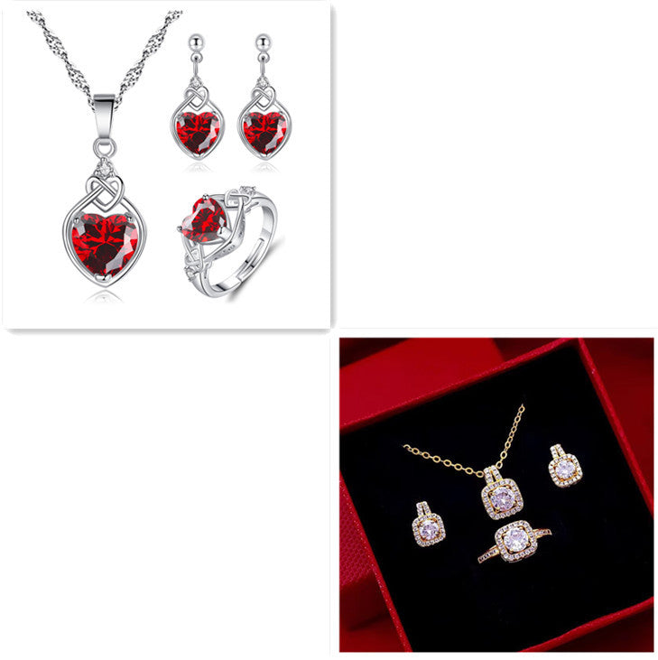 Gem Pendant Necklace with stud Earrings and Ring