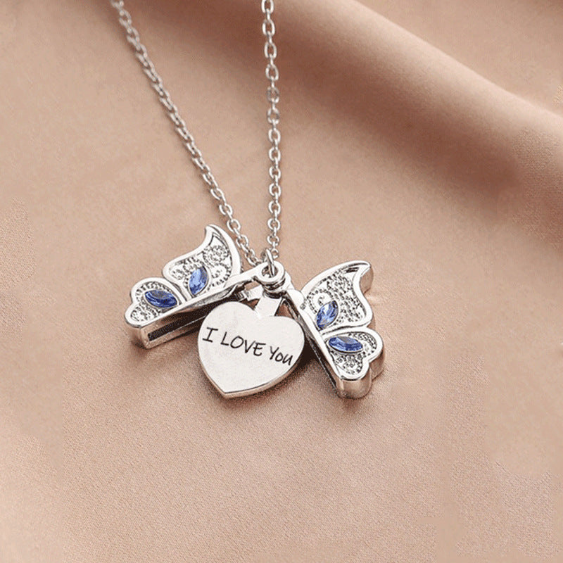 diamond butterfly heart necklace for women, openable I Love You heart-shaped pendant necklace