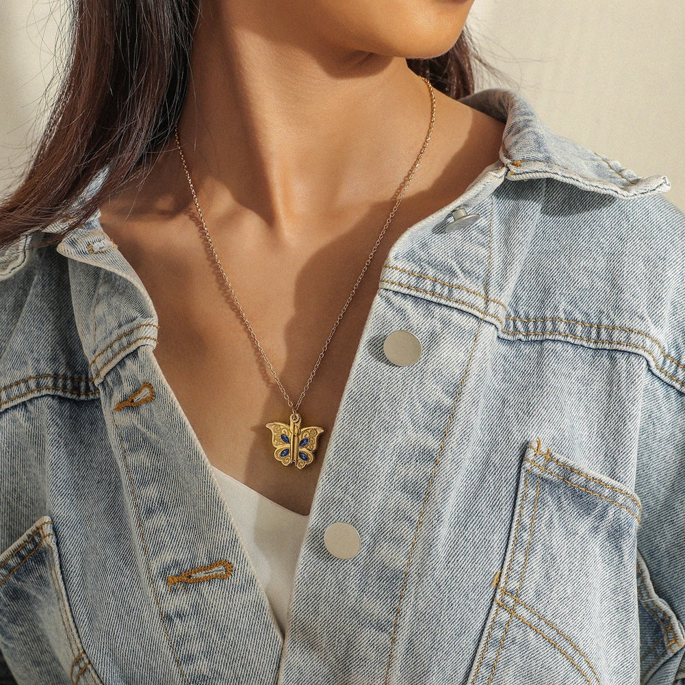 diamond butterfly heart necklace for women, openable I Love You heart-shaped pendant necklace