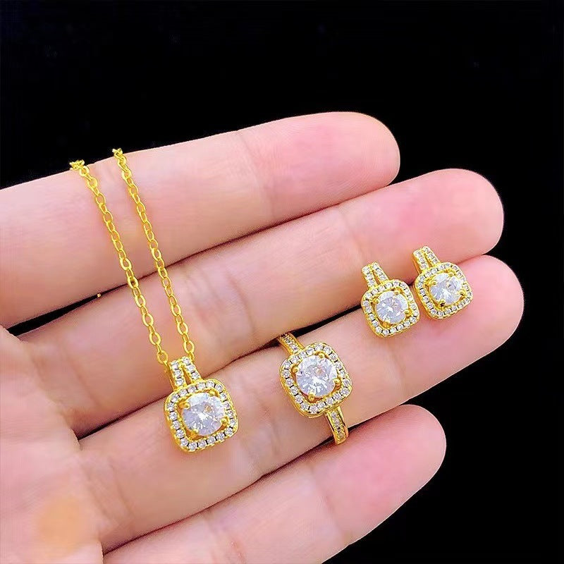 Gem Pendant Necklace with stud Earrings and Ring