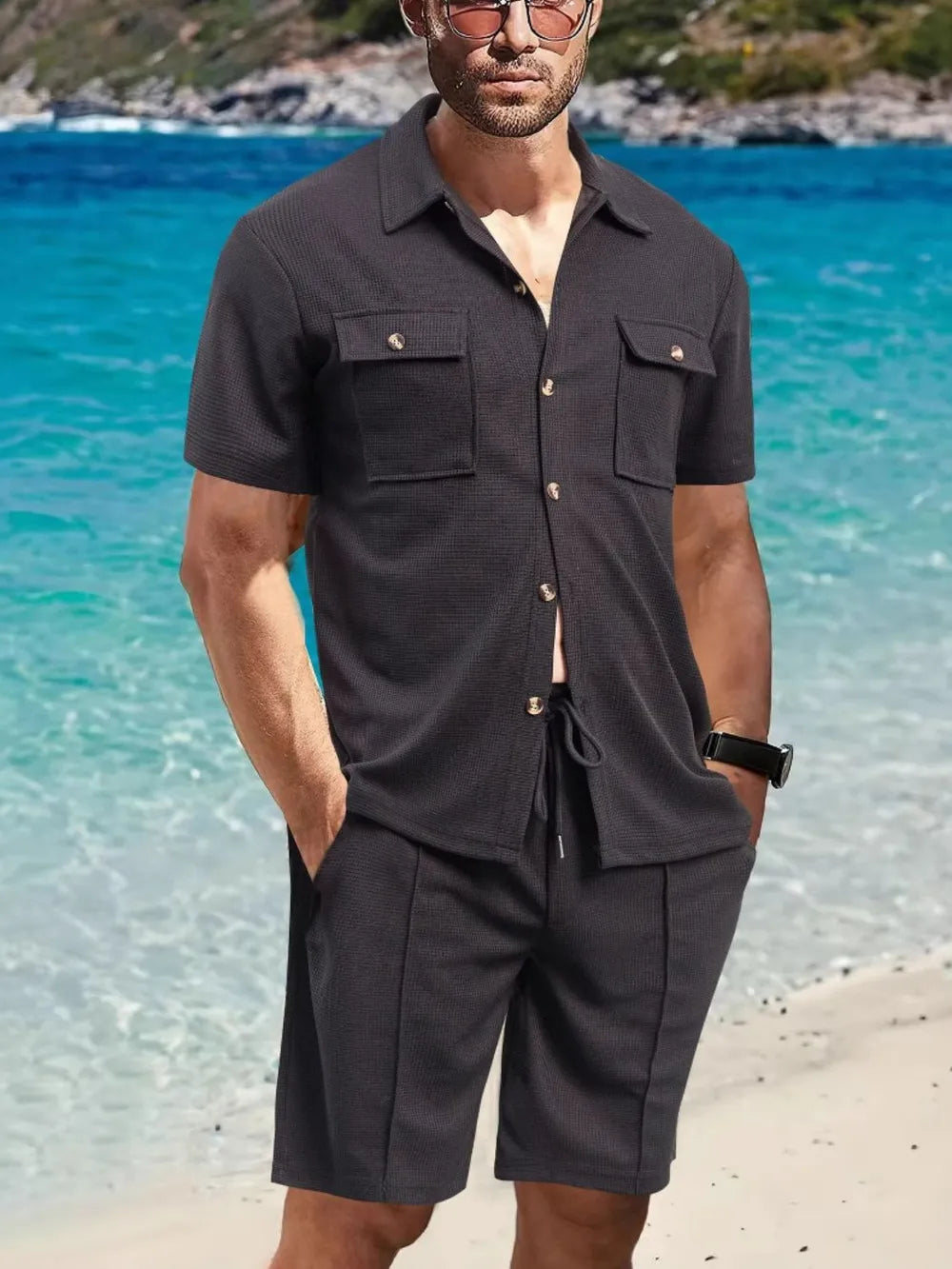Button down short sleeve and shorts set plus size