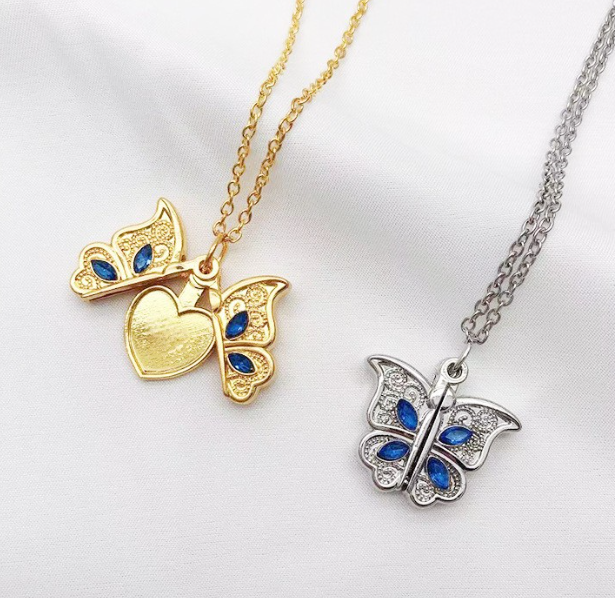 diamond butterfly heart necklace for women, openable I Love You heart-shaped pendant necklace