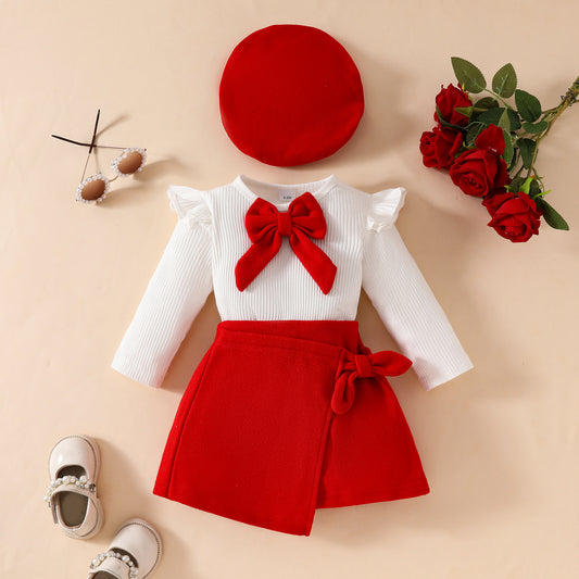 Big Bow Beret Long Sleeve Top with Velvet Half Skirt 3-Piece Set