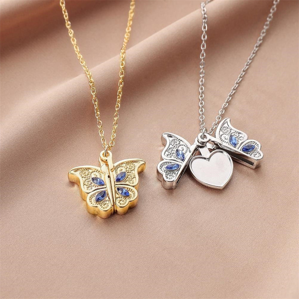 diamond butterfly heart necklace for women, openable I Love You heart-shaped pendant necklace