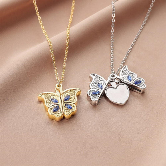 diamond butterfly heart necklace for women, openable I Love You heart-shaped pendant necklace