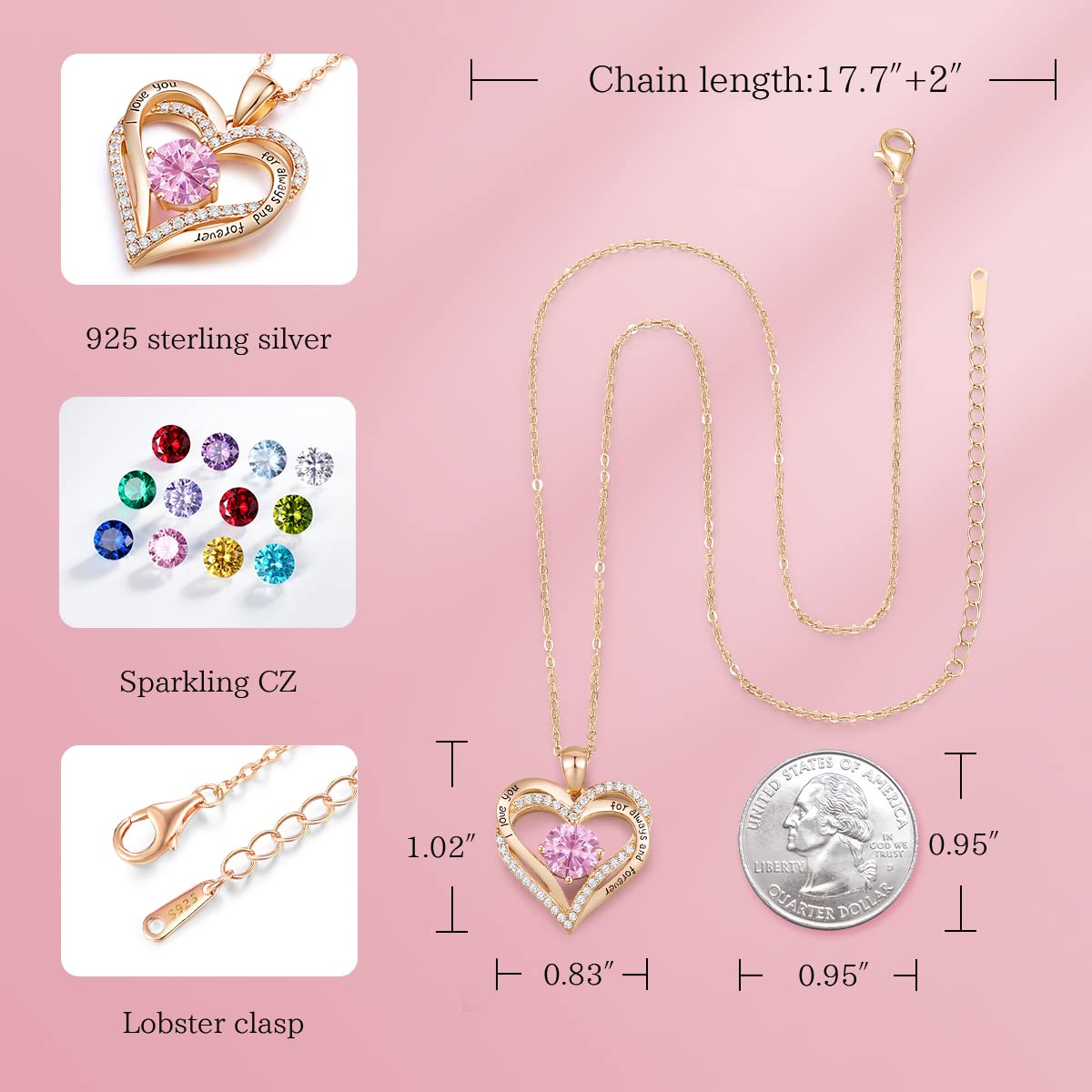 Forever Love Heart Necklaces for Women, Silver Jewelry with Birthstone Pendant
