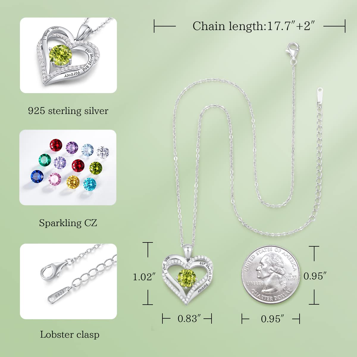 Forever Love Heart Necklaces for Women, Silver Jewelry with Birthstone Pendant
