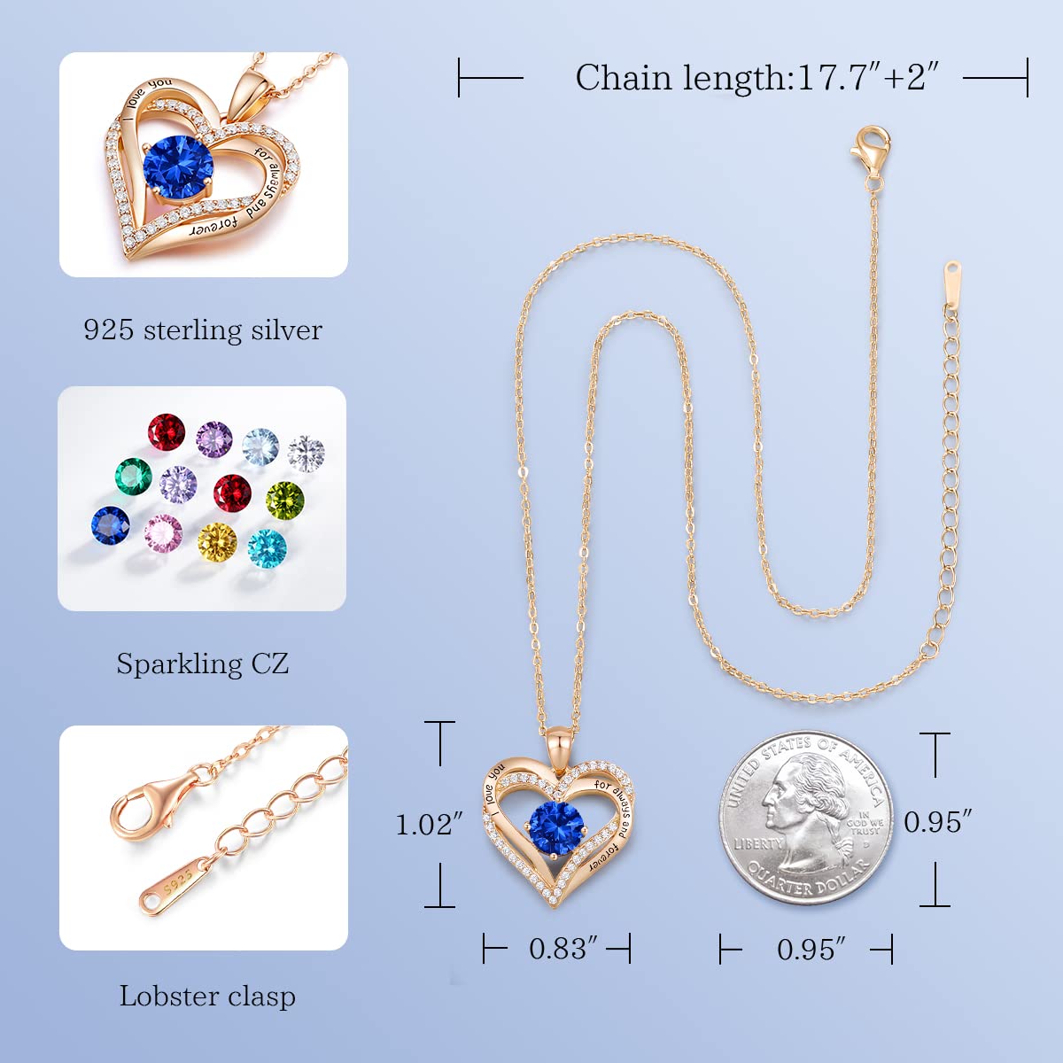Forever Love Heart Necklaces for Women, Silver Jewelry with Birthstone Pendant
