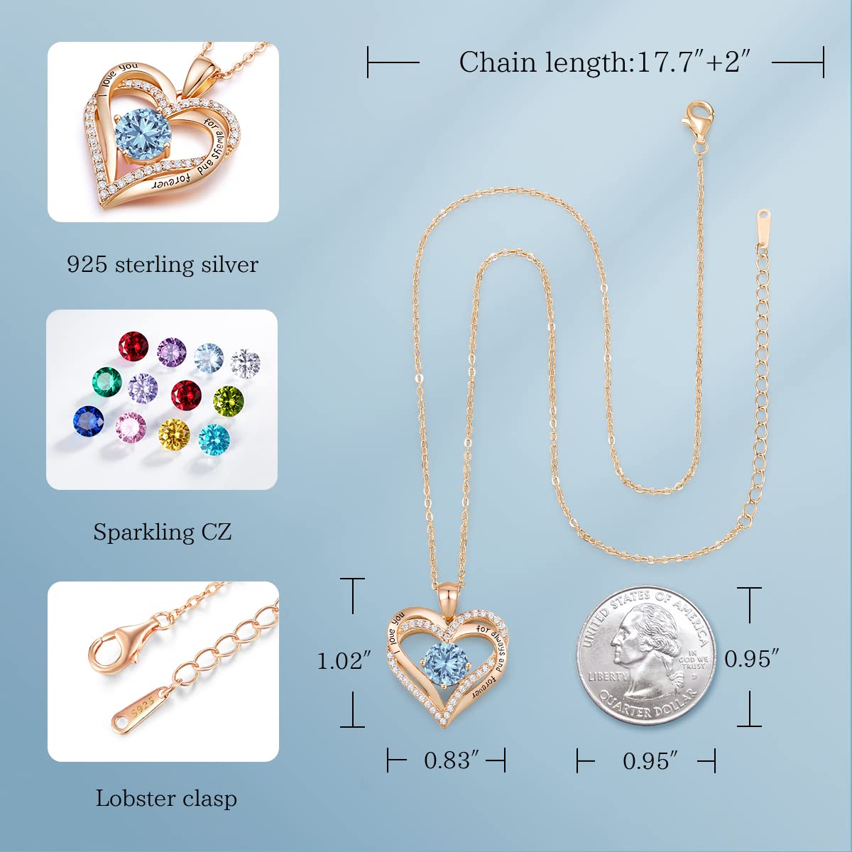 Forever Love Heart Necklaces for Women, Silver Jewelry with Birthstone Pendant