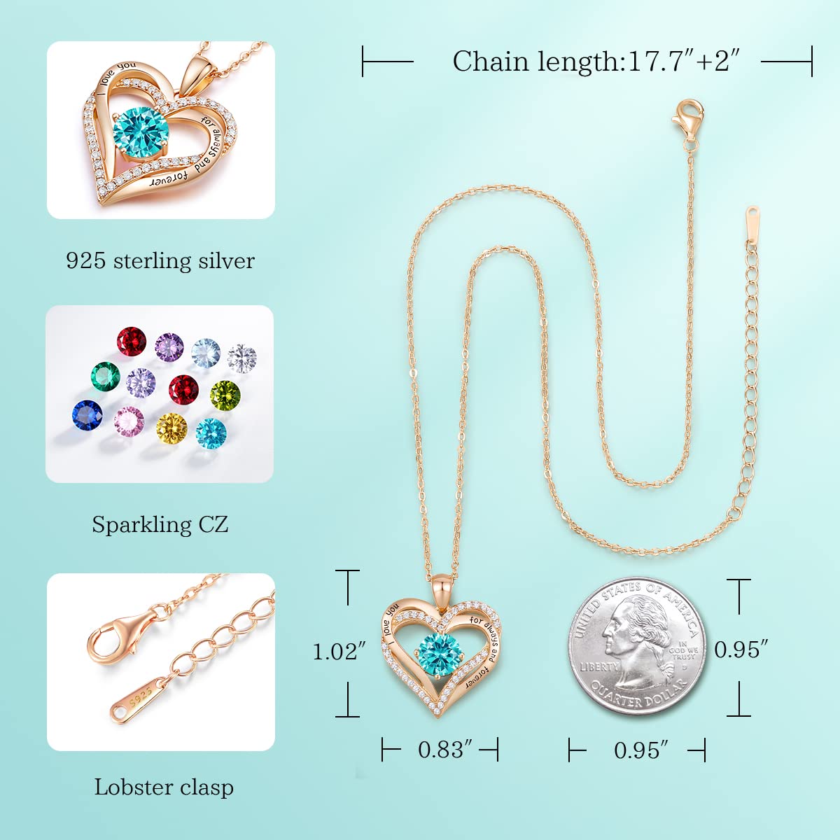 Forever Love Heart Necklaces for Women, Silver Jewelry with Birthstone Pendant