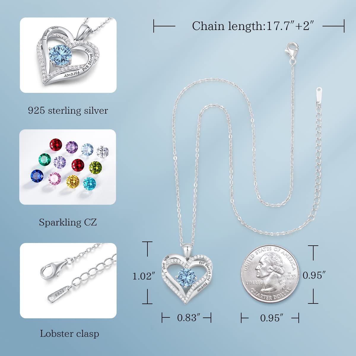 Forever Love Heart Necklaces for Women, Silver Jewelry with Birthstone Pendant