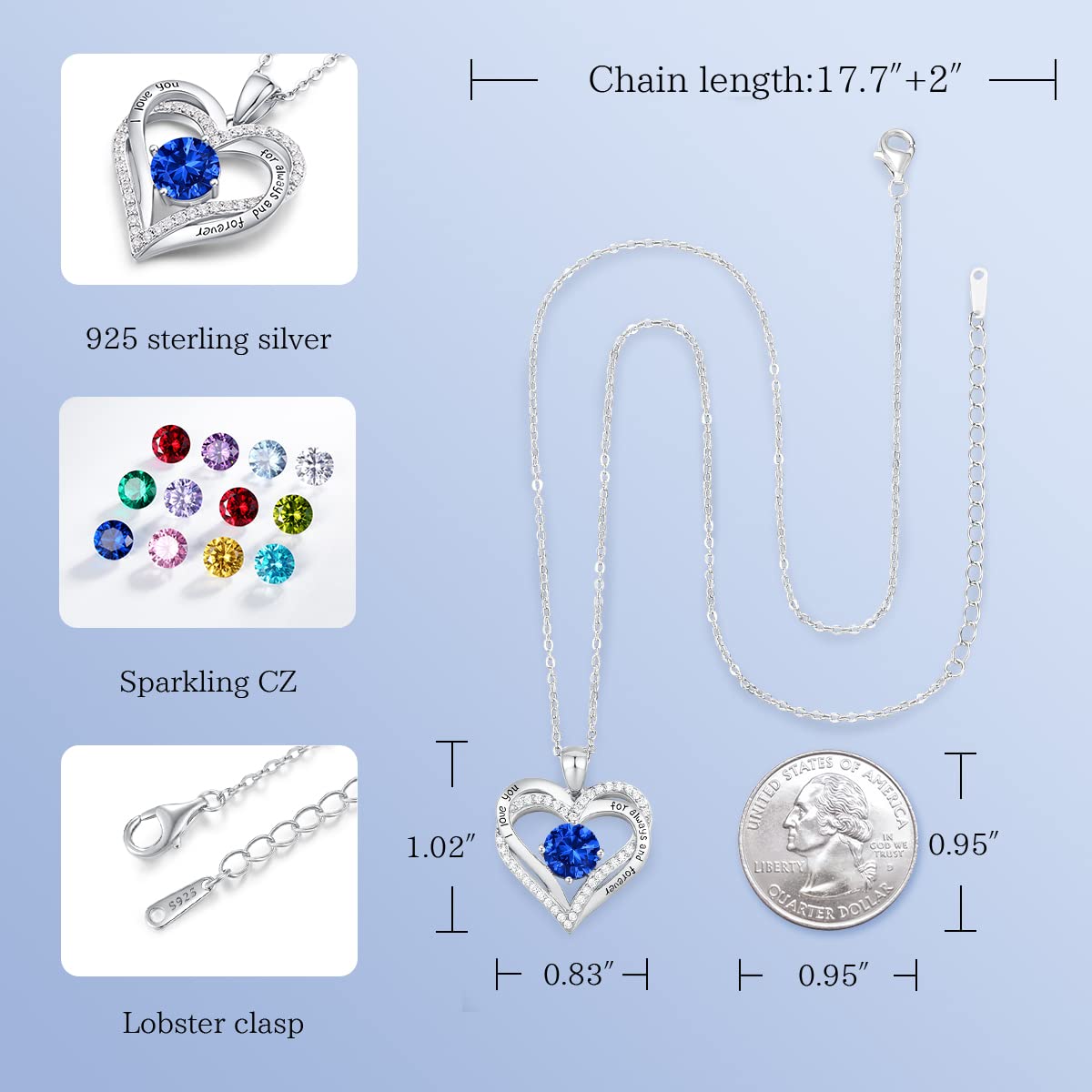 Forever Love Heart Necklaces for Women, Silver Jewelry with Birthstone Pendant
