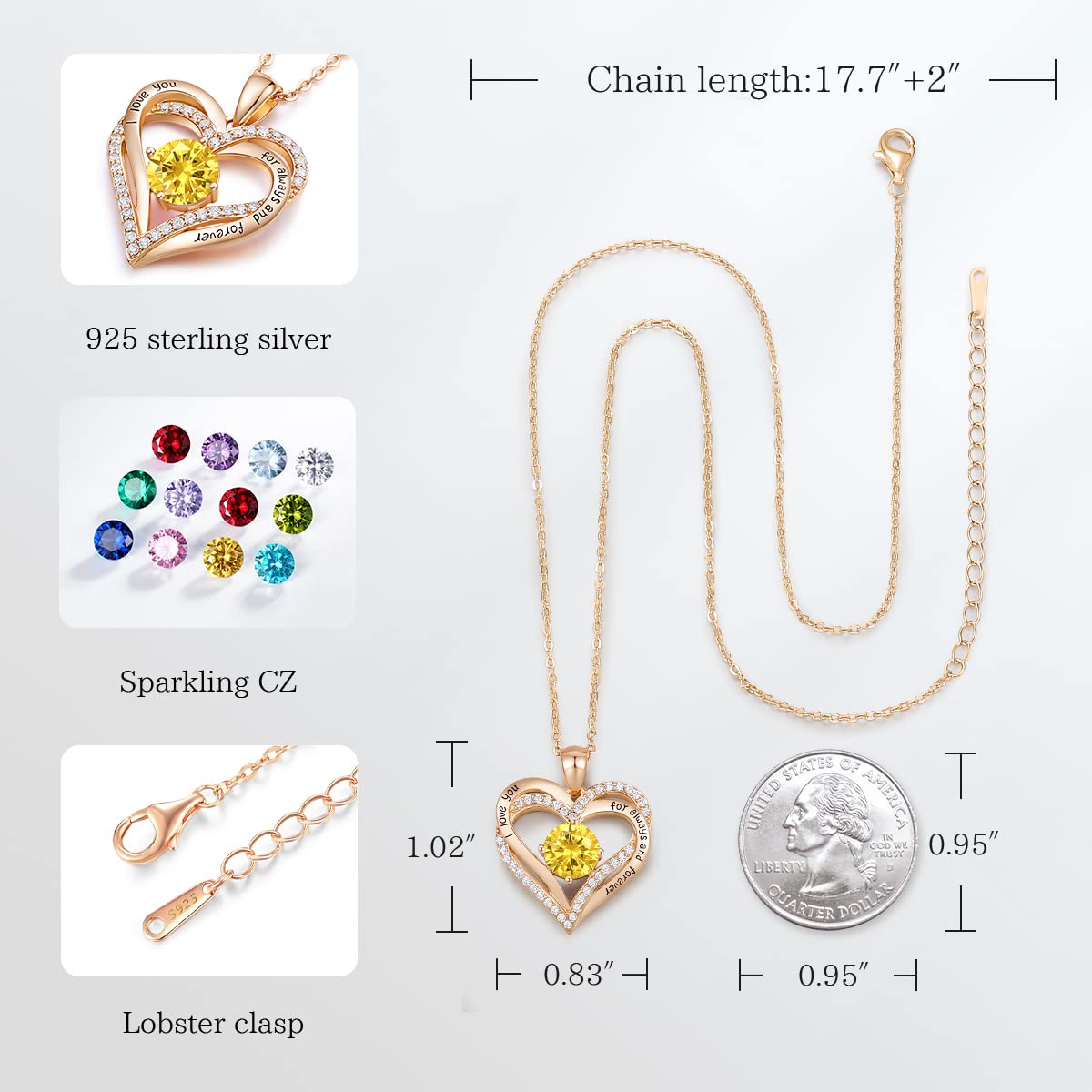 Forever Love Heart Necklaces for Women, Silver Jewelry with Birthstone Pendant