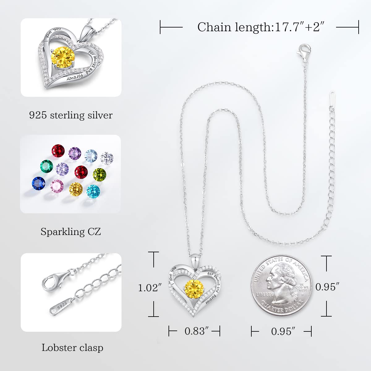 Forever Love Heart Necklaces for Women, Silver Jewelry with Birthstone Pendant