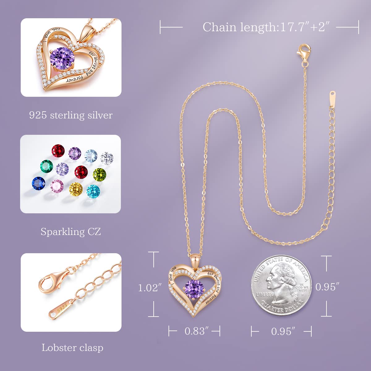 Forever Love Heart Necklaces for Women, Silver Jewelry with Birthstone Pendant
