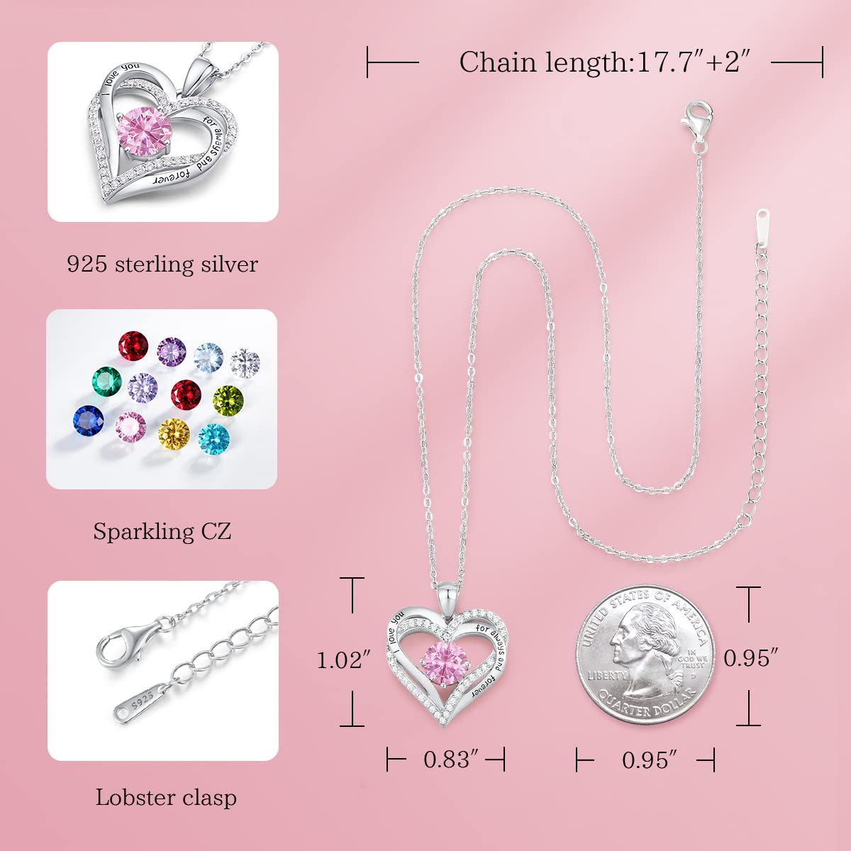 Forever Love Heart Necklaces for Women, Silver Jewelry with Birthstone Pendant