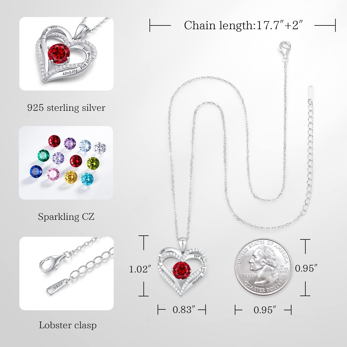 Forever Love Heart Necklaces for Women, Silver Jewelry with Birthstone Pendant
