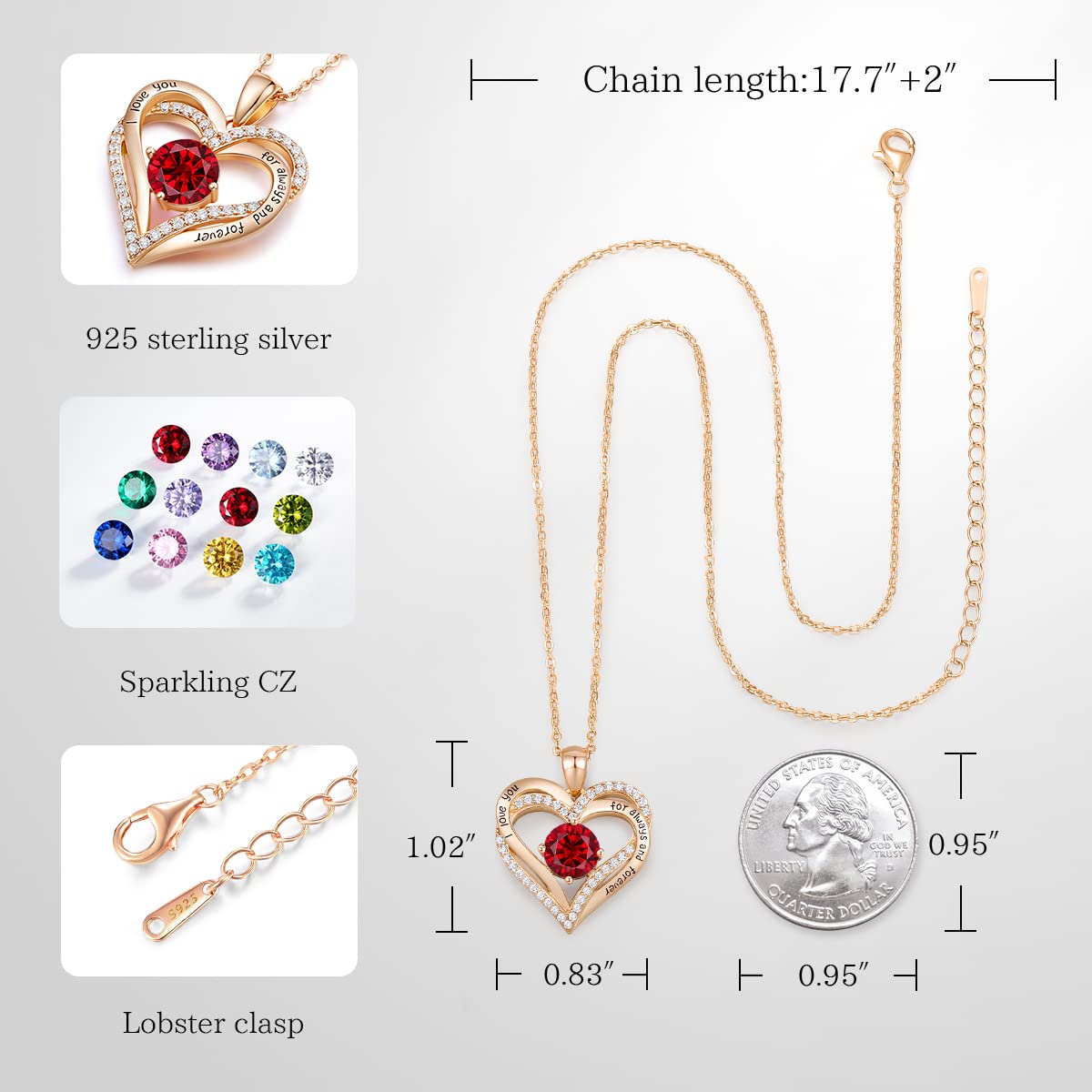 Forever Love Heart Necklaces for Women, Silver Jewelry with Birthstone Pendant