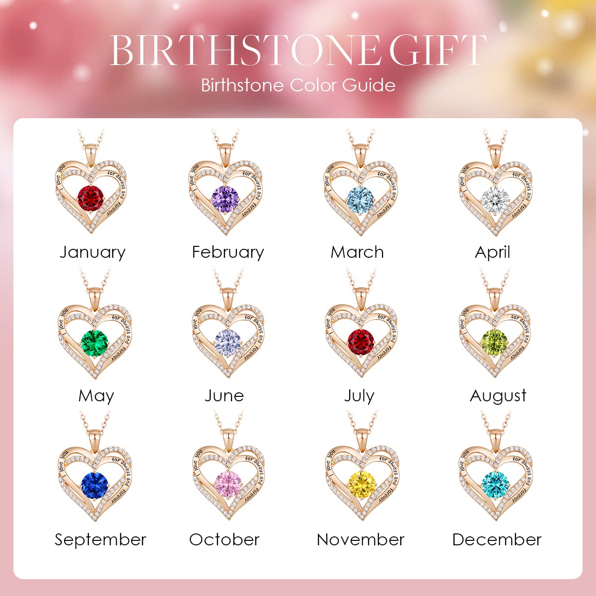 Forever Love Heart Necklaces for Women, Silver Jewelry with Birthstone Pendant