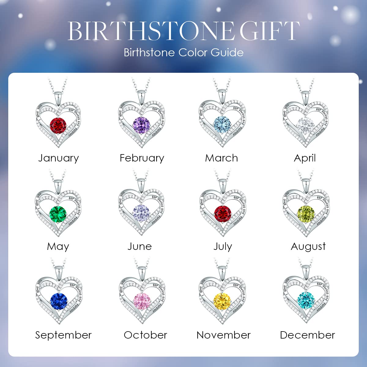 Forever Love Heart Necklaces for Women, Silver Jewelry with Birthstone Pendant
