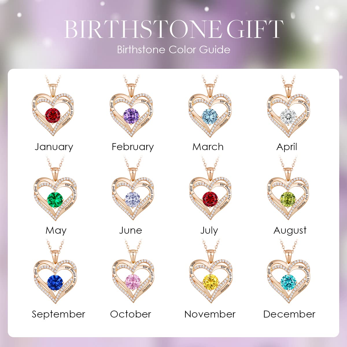 Forever Love Heart Necklaces for Women, Silver Jewelry with Birthstone Pendant