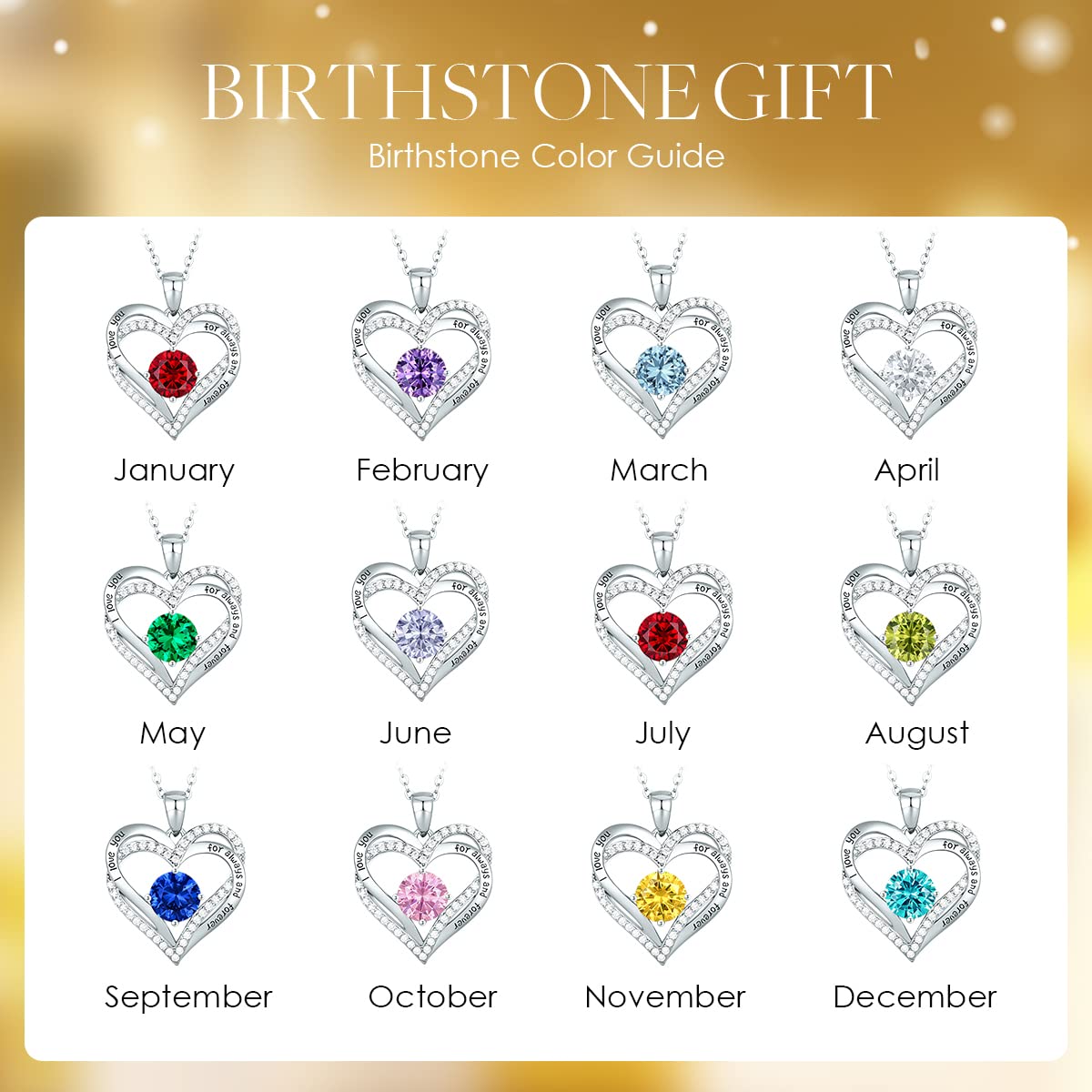 Forever Love Heart Necklaces for Women, Silver Jewelry with Birthstone Pendant