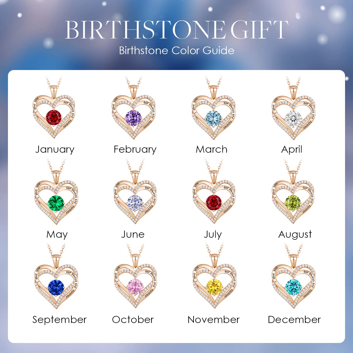 Forever Love Heart Necklaces for Women, Silver Jewelry with Birthstone Pendant