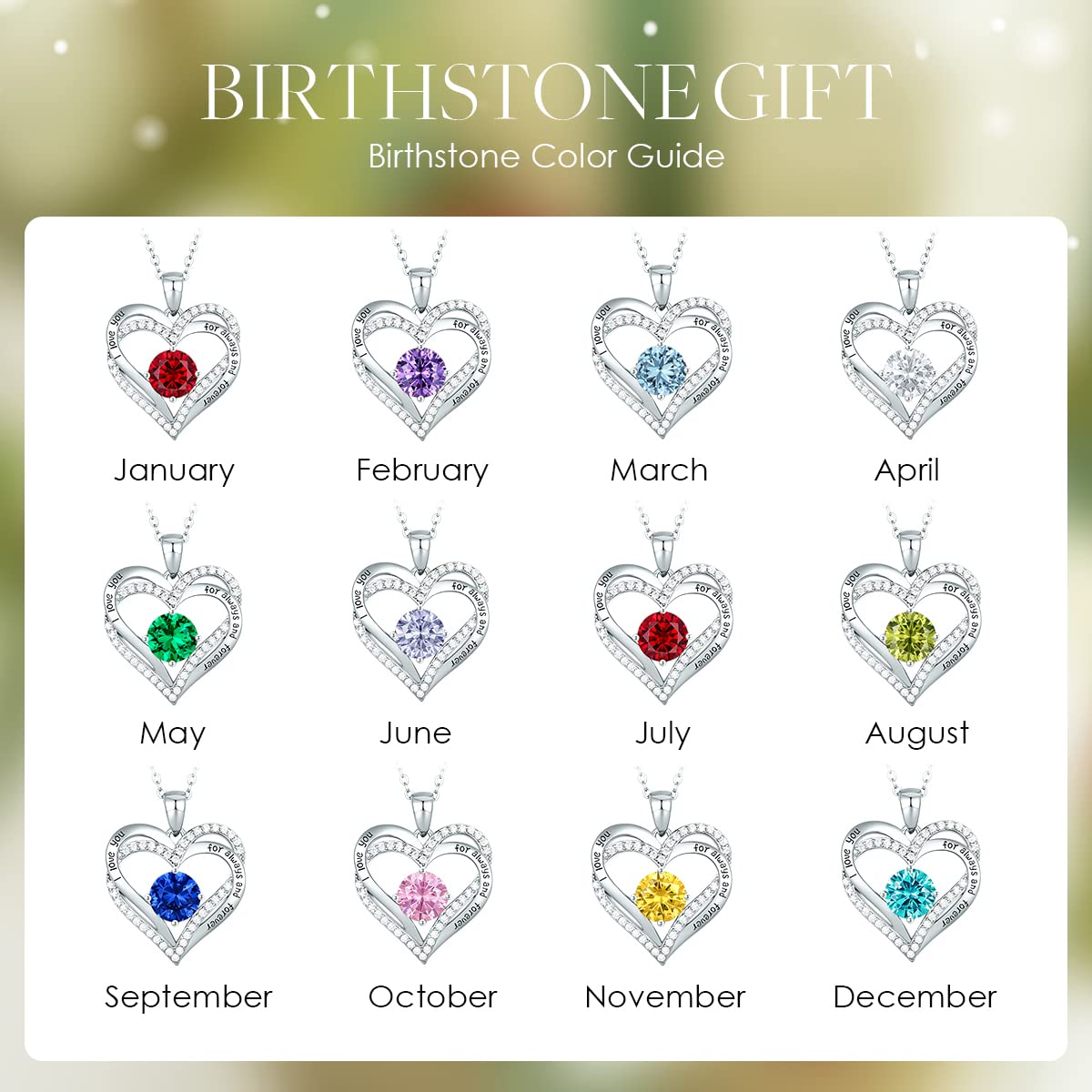 Forever Love Heart Necklaces for Women, Silver Jewelry with Birthstone Pendant