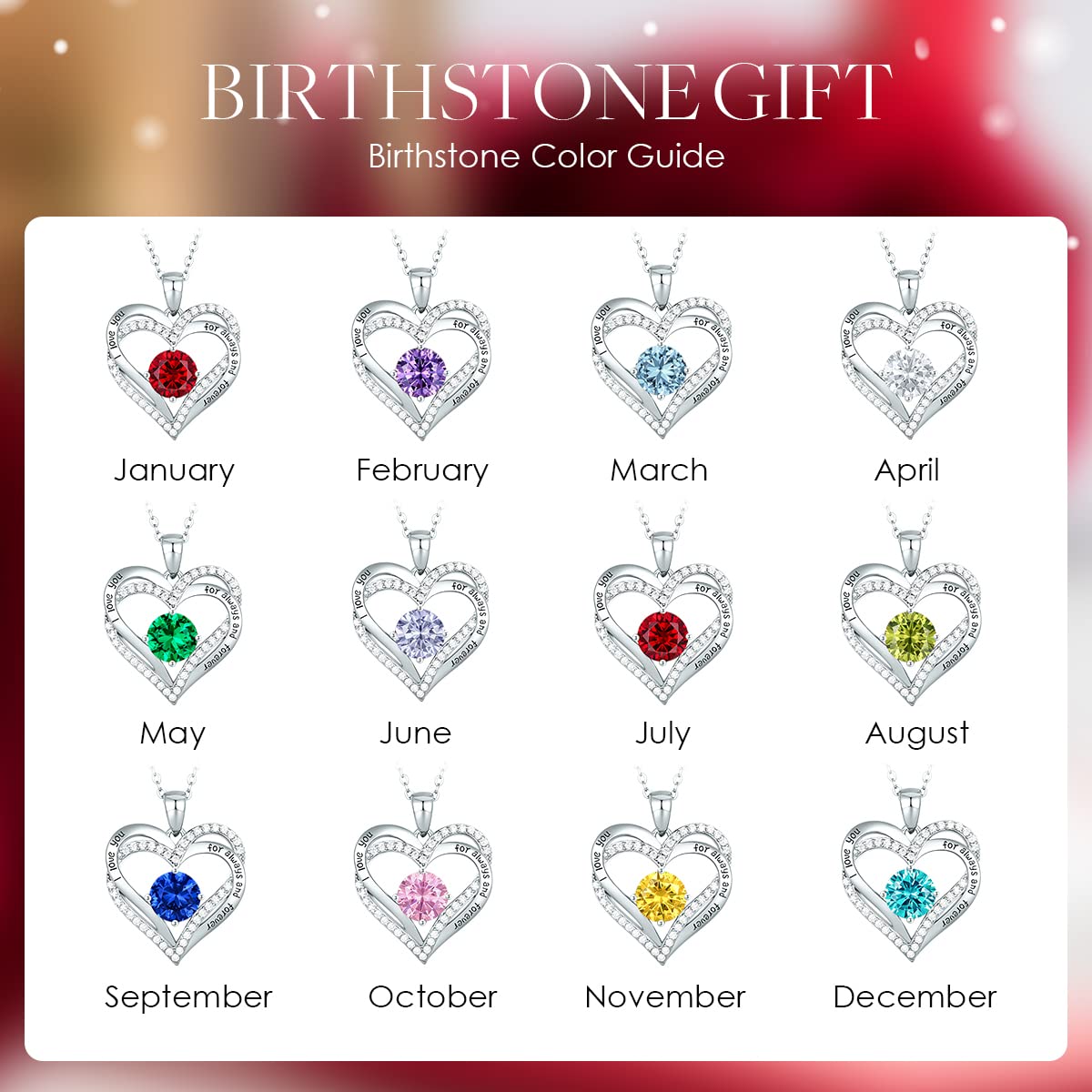 Forever Love Heart Necklaces for Women, Silver Jewelry with Birthstone Pendant