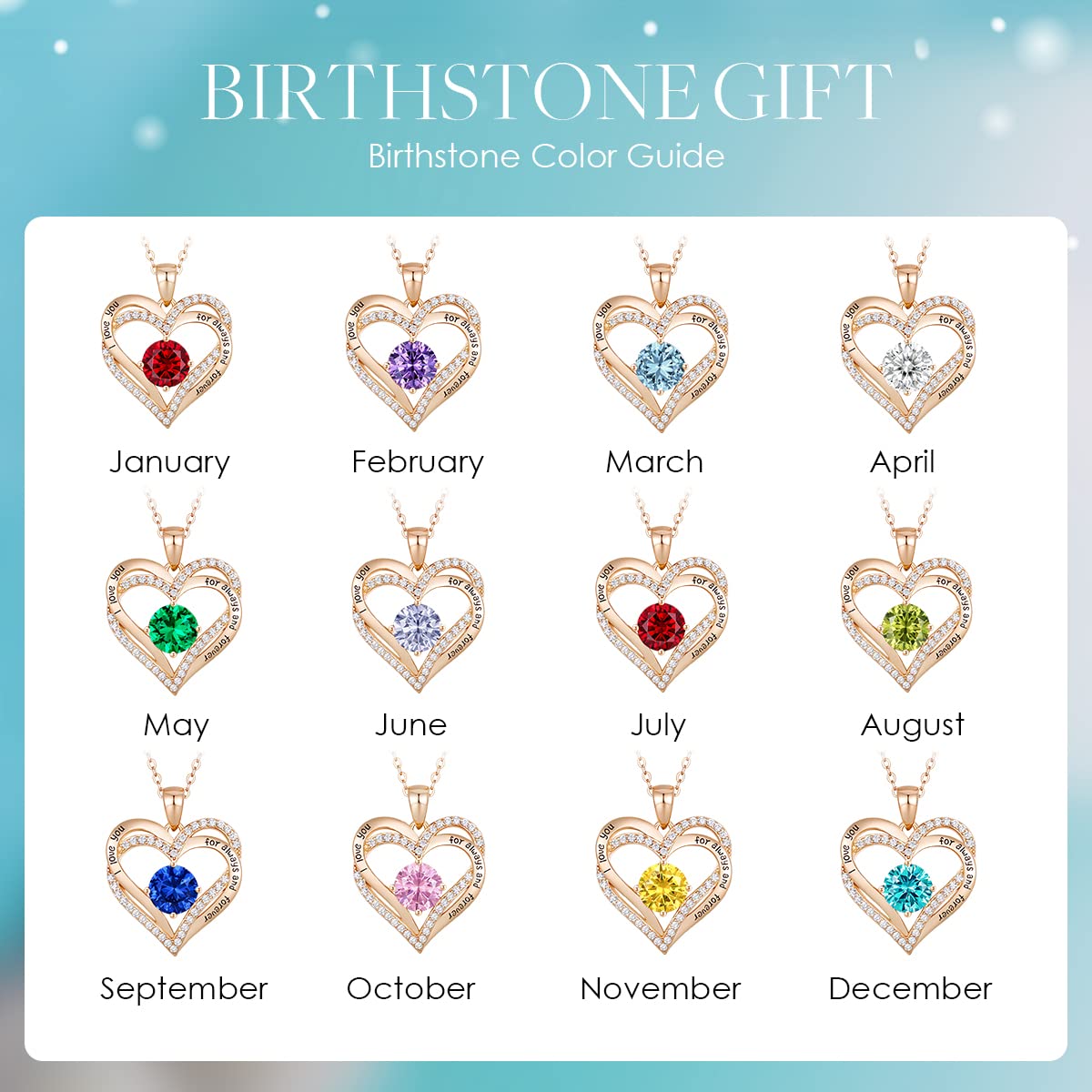 Forever Love Heart Necklaces for Women, Silver Jewelry with Birthstone Pendant