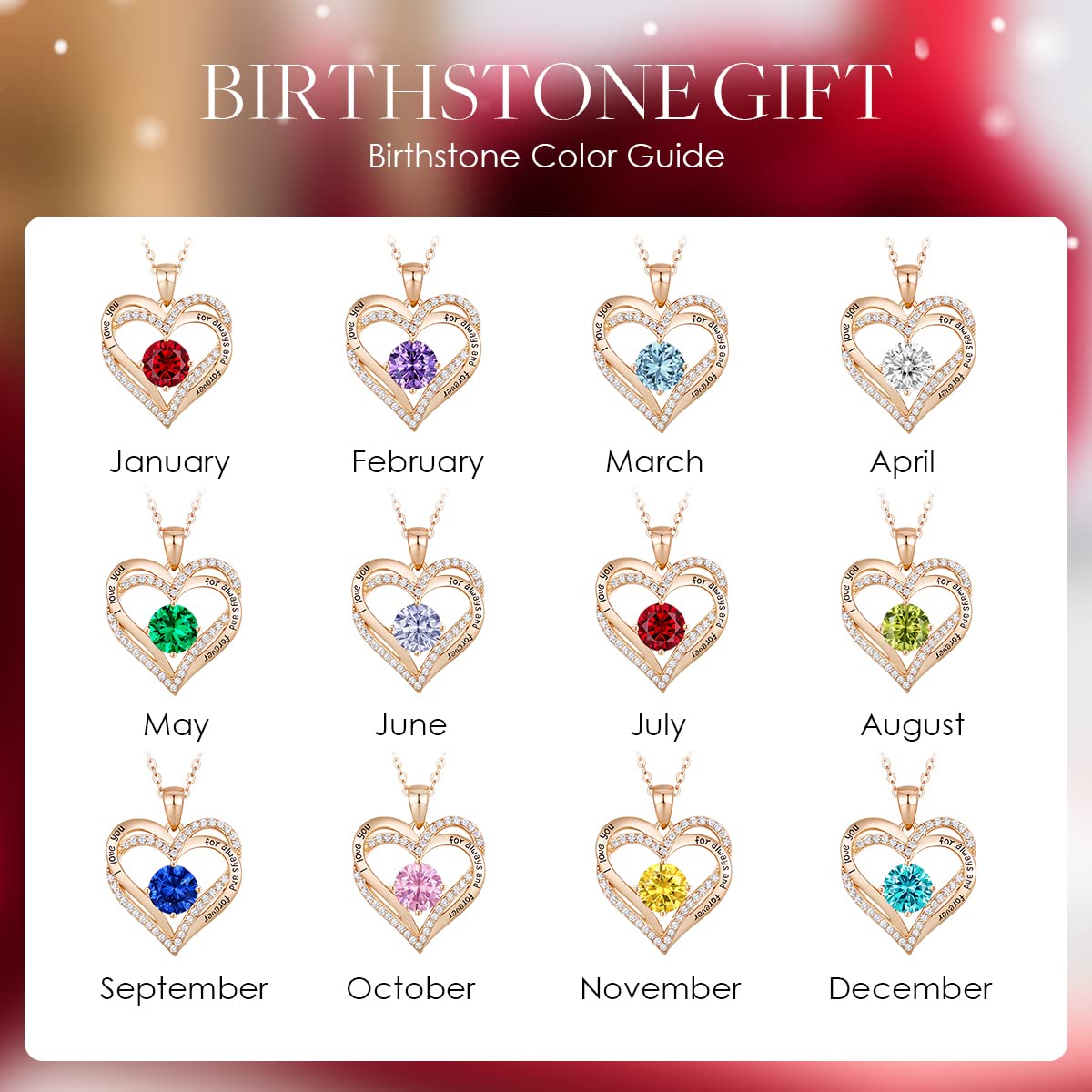 Forever Love Heart Necklaces for Women, Silver Jewelry with Birthstone Pendant