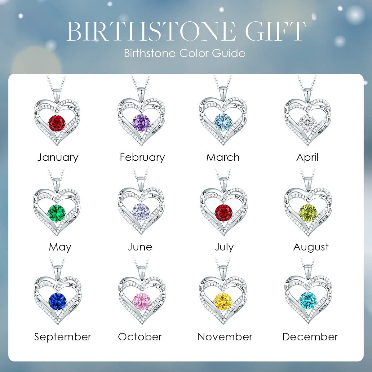 Forever Love Heart Necklaces for Women, Silver Jewelry with Birthstone Pendant