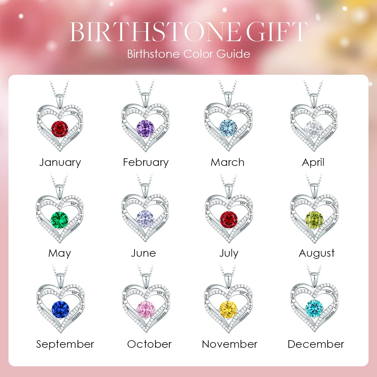 Forever Love Heart Necklaces for Women, Silver Jewelry with Birthstone Pendant