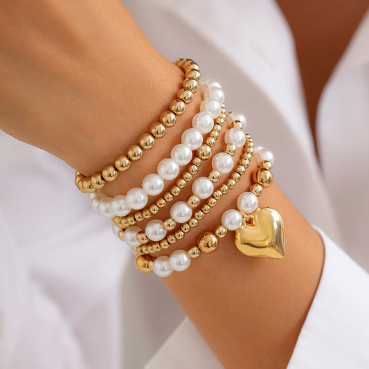 Minimally designed pearl bead heart-shaped hollow Bracelet set