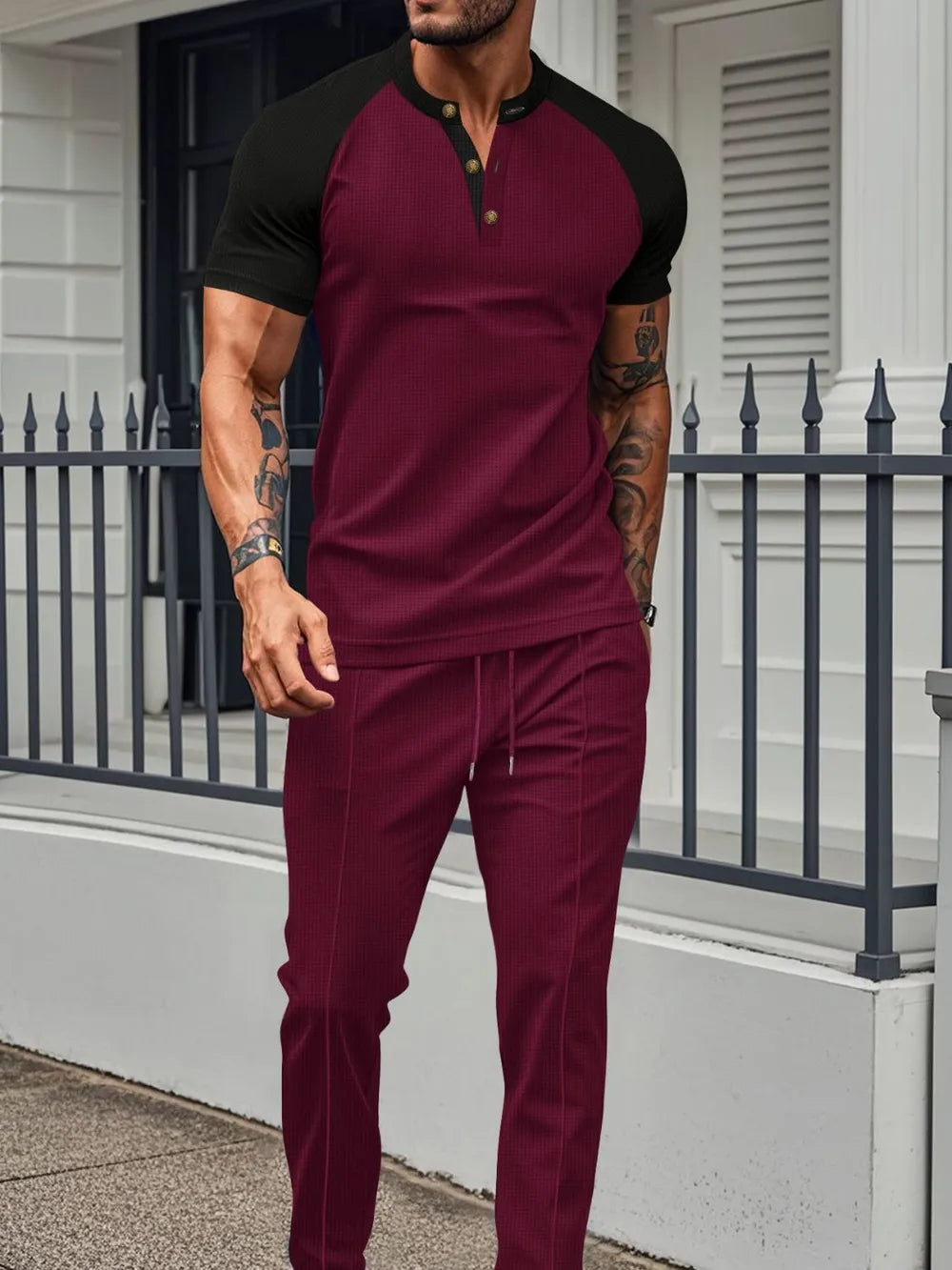 Waffle-Knit Contrast Top and Drawstring Pants Set Plus Size