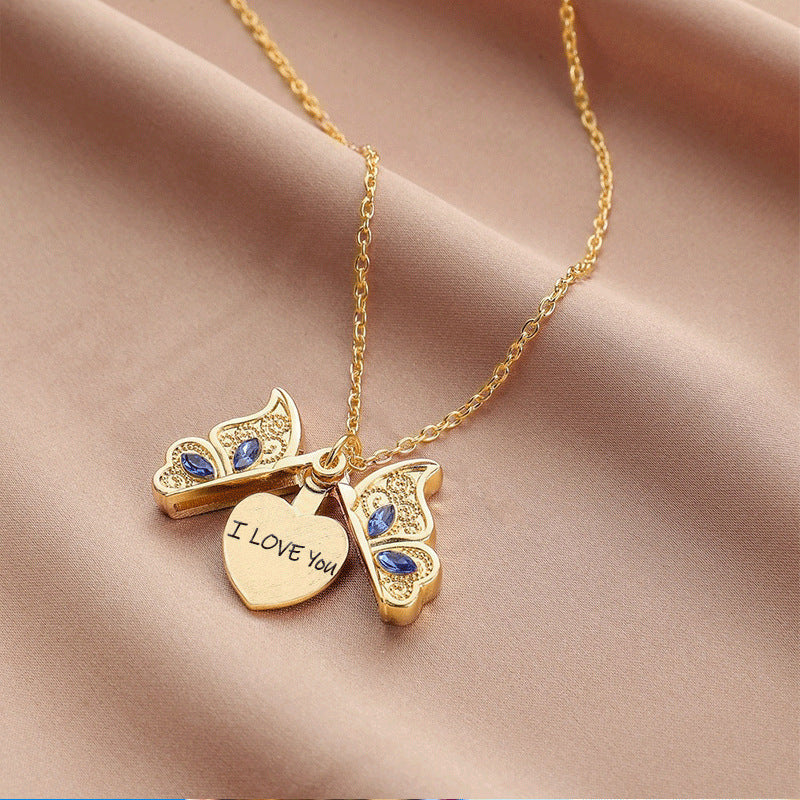 diamond butterfly heart necklace for women, openable I Love You heart-shaped pendant necklace