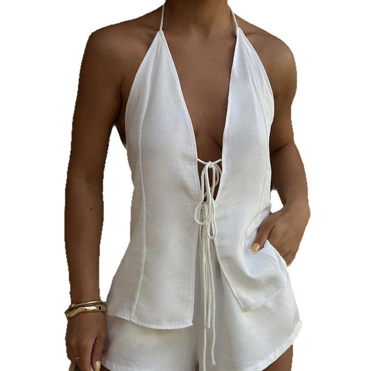 Casual suit with neck hanging and sexy lace up top high waisted pants ﻿