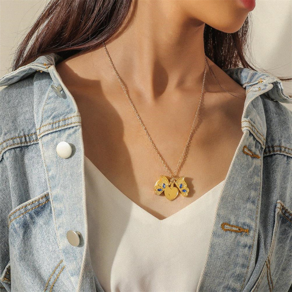 diamond butterfly heart necklace for women, openable I Love You heart-shaped pendant necklace