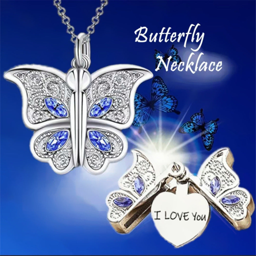 diamond butterfly heart necklace for women, openable I Love You heart-shaped pendant necklace