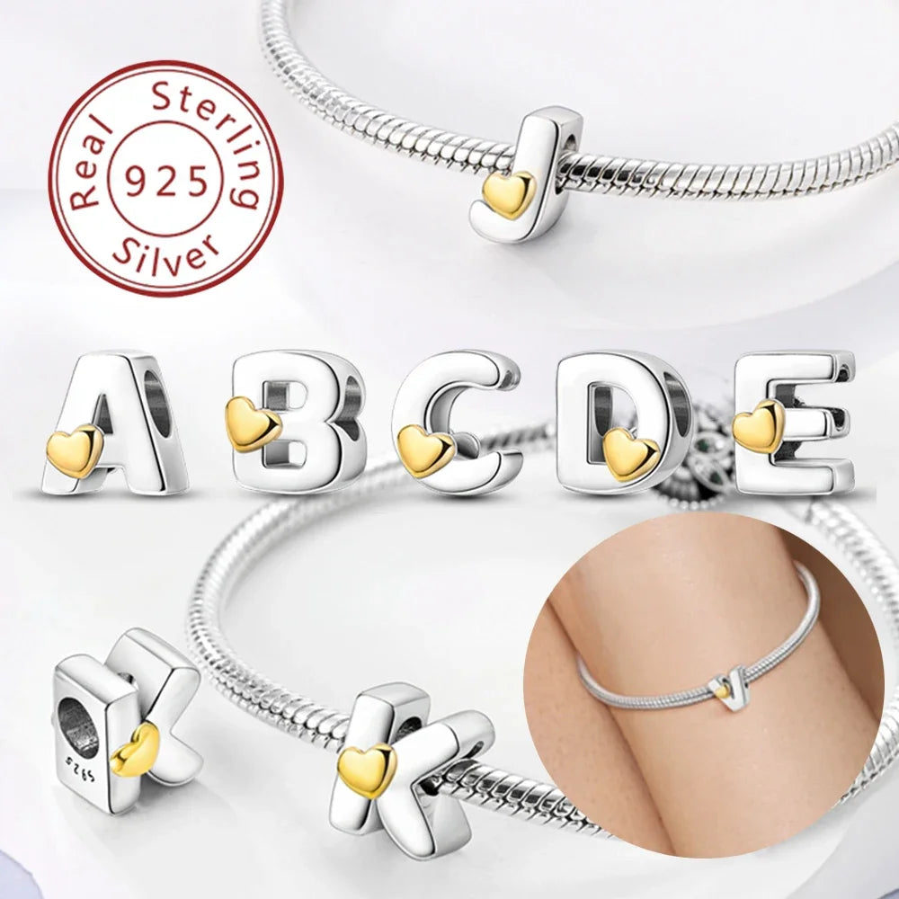 925 Silver 26 Letters A-Z Alphabet Beads Charms Fit Original Bracelet
