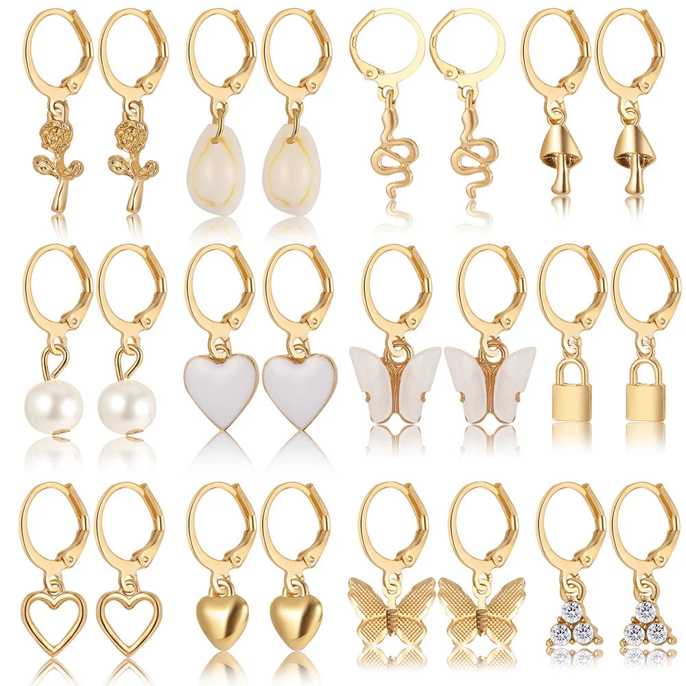 Heart Pearl Dangle Earrings Set Metal Gold Color Butterfly Locks