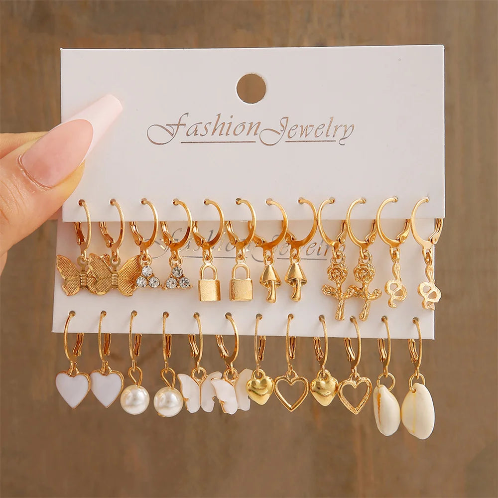 Heart Pearl Dangle Earrings Set Metal Gold Color Butterfly Locks