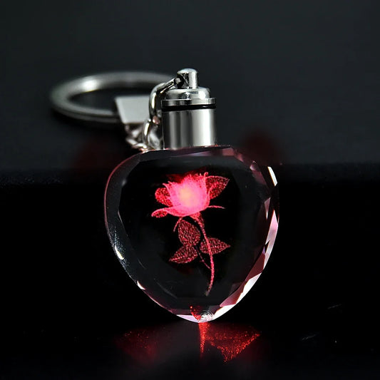1Pcs Fashion Colorful Fairy Rose Flower Pattern Love Shape Crystal Rhinestone LED Light Keychain Lover Key Chain Keyring Jewelry