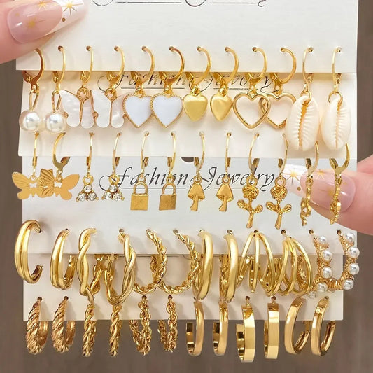 Heart Pearl Dangle Earrings Set Metal Gold Color Butterfly Locks